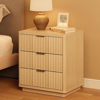 3 Drawers Nightstand Fluted Bedside Table With Outlet,Wood Night Stand with Storage