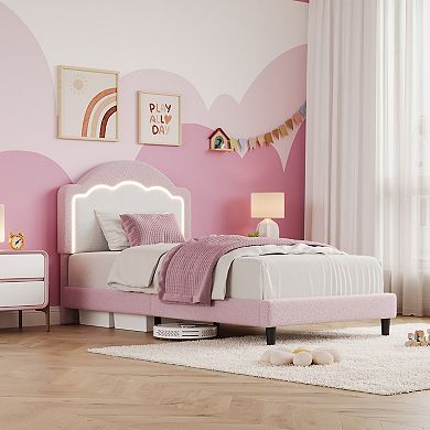Bed Frame with Adjustable Headboard, Sherpa Fleece Upholstered Platform with LED Lights