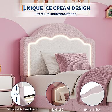Bed Frame with Adjustable Headboard, Sherpa Fleece Upholstered Platform with LED Lights