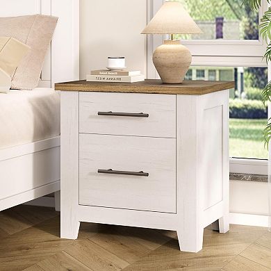 Minimalist Modern Bedside Table White Bedside Table with Drawers and Brown Top