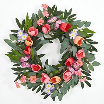 20" Tulip Wreath for Front Door, Colorful Blooms with Eucalyptus & Butterflies