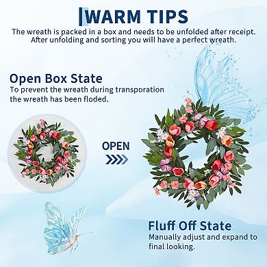 20" Tulip Wreath for Front Door, Colorful Blooms with Eucalyptus & Butterflies