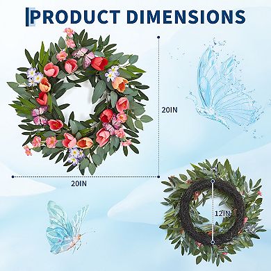 20" Tulip Wreath for Front Door, Colorful Blooms with Eucalyptus & Butterflies