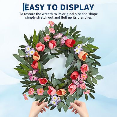 20" Tulip Wreath for Front Door, Colorful Blooms with Eucalyptus & Butterflies