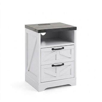 Farmhouse bedside table Set with Charging Station, Industrial Wooden Bedside Table with Storage
