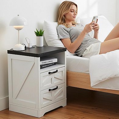 Farmhouse bedside table Set with Charging Station, Industrial Wooden Bedside Table with Storage