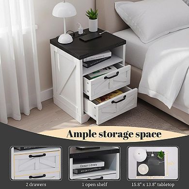 Farmhouse bedside table Set with Charging Station, Industrial Wooden Bedside Table with Storage