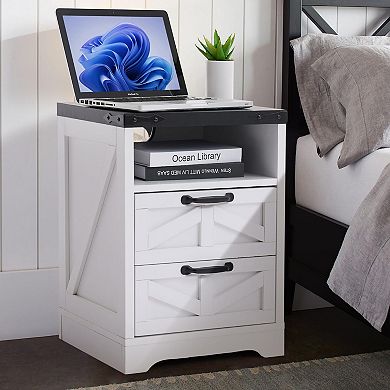Farmhouse bedside table Set with Charging Station, Industrial Wooden Bedside Table with Storage