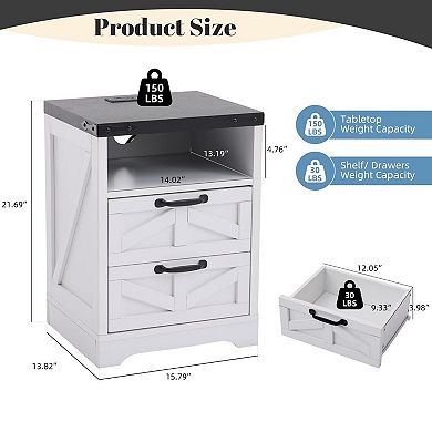Farmhouse bedside table Set with Charging Station, Industrial Wooden Bedside Table with Storage