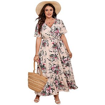 Women Plus Size Casual V Neck Wrap Maxi Dress Short Sleeve High Waist Ruffle Summer Dress with Belt