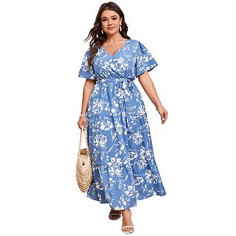 Women Plus Size Casual V Neck Wrap Maxi Dress Short Sleeve High Waist Ruffle Summer Dress with Belt