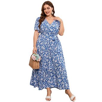 Women Plus Size Casual V Neck Wrap Maxi Dress Short Sleeve High Waist Ruffle Summer Dress with Belt