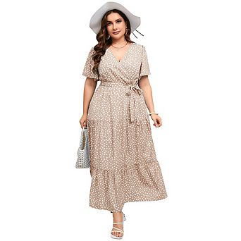 Women Plus Size Casual V Neck Wrap Maxi Dress Short Sleeve High Waist Ruffle Summer Dress with Belt