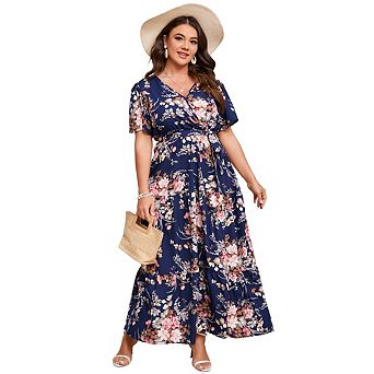 Women Plus Size Casual V Neck Wrap Maxi Dress Short Sleeve High Waist Ruffle Summer Dress with Belt