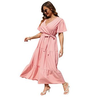 Women Plus Size Casual V Neck Wrap Maxi Dress Short Sleeve High Waist Ruffle Summer Dress with Belt