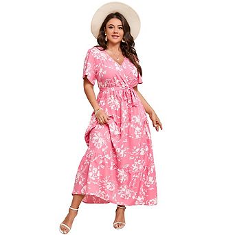 Women Plus Size Casual V Neck Wrap Maxi Dress Short Sleeve High Waist Ruffle Summer Dress with Belt