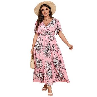 Women Plus Size Casual V Neck Wrap Maxi Dress Short Sleeve High Waist Ruffle Summer Dress with Belt