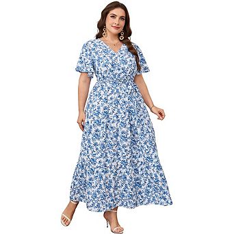 Women Plus Size Casual V Neck Wrap Maxi Dress Short Sleeve High Waist Ruffle Summer Dress with Belt