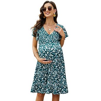 Women Maternity Dress Floral V Neck Midi A Line Short Sleeves Dress Summer Boho Dress Baby Shower