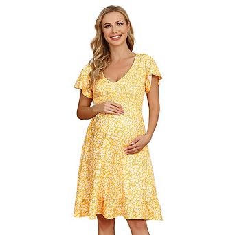 Women Maternity Dress Floral V Neck Midi A Line Short Sleeves Dress Summer Boho Dress Baby Shower