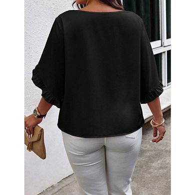 Women's Plus Size V-Neck Blouse Ruffle Short Sleeve Loose Fit Solid Casual Top