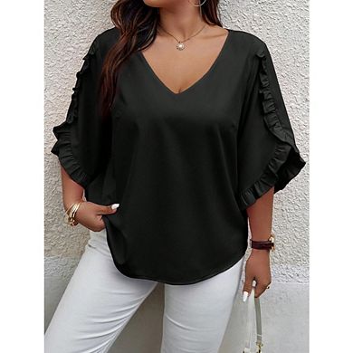 Women's Plus Size V-Neck Blouse Ruffle Short Sleeve Loose Fit Solid Casual Top