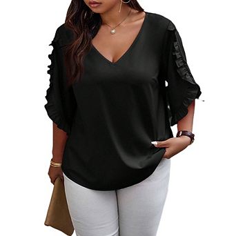 Women's Plus Size V-Neck Blouse Ruffle Short Sleeve Loose Fit Solid Casual Top