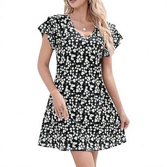 Floral V Neck Blouse Short Sleeve Pleated Tunic, Women's Casual Spring Summer Top