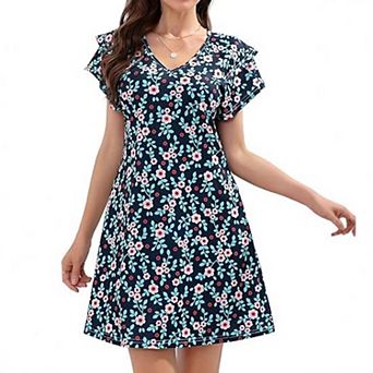 Floral V Neck Blouse Short Sleeve Pleated Tunic, Women's Casual Spring Summer Top