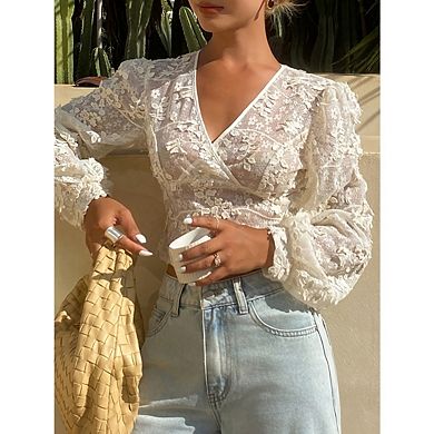 Women's Lace Bell Sleeve Shirt Peasant Boho Embroidered Tops Floral Sheer Blouses