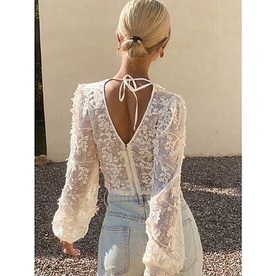 Women's Lace Bell Sleeve Shirt Peasant Boho Embroidered Tops Floral Sheer Blouses