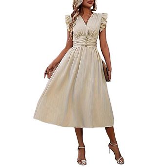 Womens Summer Casual Dress V Neck Flowy Short Sleeve Long Dresses High Waist A Line Mature Sundress
