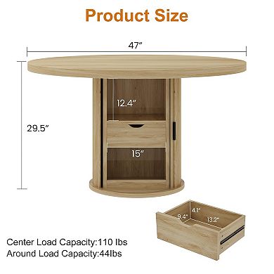 Farmhouse 47" Round Dining Table for 4-6 Circle Table with 2-Layer Storage Shelf & Drawer