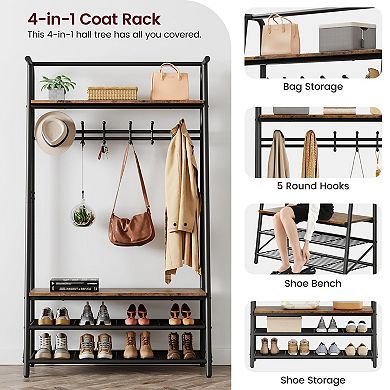 Hall Trees, Coat Rack with 12 Hooks, Entryway Bench with Storage, Multifunctional Hallway Organizer