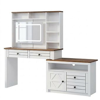 Makeup Vanity Desk with LED Lights & Glass Top 5-Drawer Dressing Table with Charging Station