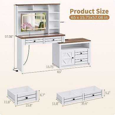Makeup Vanity Desk with LED Lights & Glass Top 5-Drawer Dressing Table with Charging Station