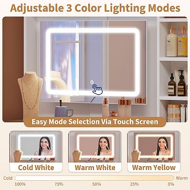 Makeup Vanity Desk with LED Lights & Glass Top 5-Drawer Dressing Table with Charging Station