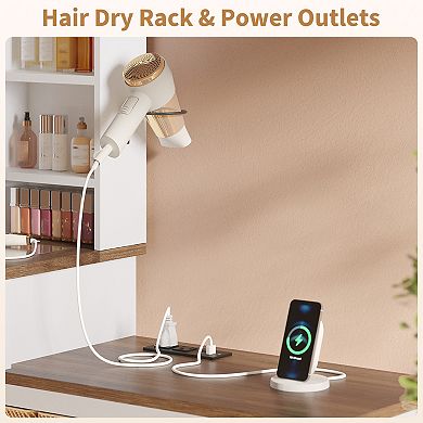 Makeup Vanity Desk with LED Lights & Glass Top 5-Drawer Dressing Table with Charging Station