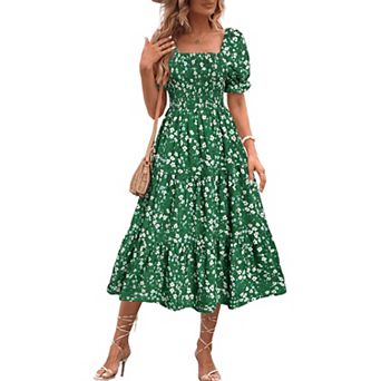 Women Floral Square Neck Dress Lantern Sleeve Flowy Sundress