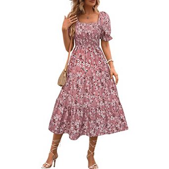 Women Floral Square Neck Dress Lantern Sleeve Flowy Sundress