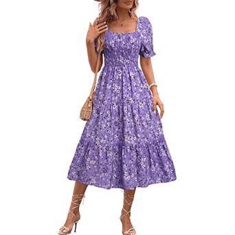 Women Floral Square Neck Dress Lantern Sleeve Flowy Sundress