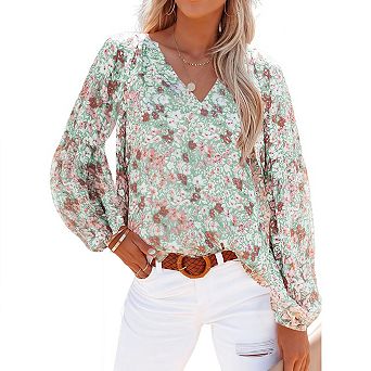 Women's Casual Boho Floral Print V Neck Long Sleeve Blouses Loose Shirt Tops