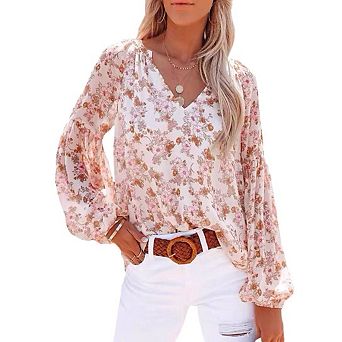 Women's Casual Boho Floral Print V Neck Long Sleeve Blouses Loose Shirt Tops