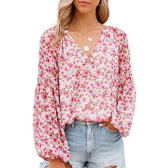 Women's Casual Boho Floral Print V Neck Long Sleeve Blouses Loose Shirt Tops