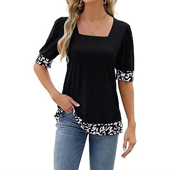 Womens Square Neck Tunic Tops Short Puff Sleeve t Shirts Summer Casual Patchwork Loose Blouses
