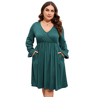 Plus Size Long Sleeve Wrap V-Neck Midi Dress. Casual Elastic Waist Flared A-Line Dress with Pockets