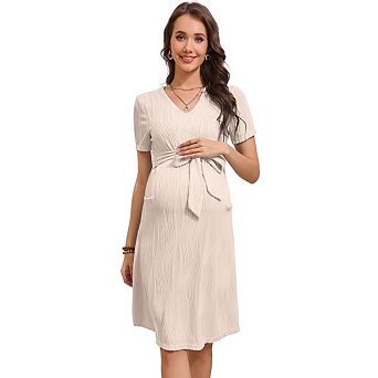 Women Short Sleeve Maternity Casual V Neck Breastfeeding Loungewear Ribbed Knit Pregnancy Dresses