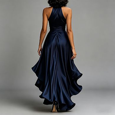 Women's Halter Neck Satin Maxi Dress, Wrap Front High Slit Evening Gown