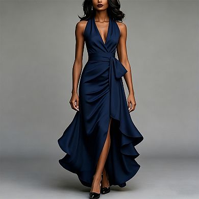 Women's Halter Neck Satin Maxi Dress, Wrap Front High Slit Evening Gown