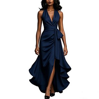 Women's Halter Neck Satin Maxi Dress, Wrap Front High Slit Evening Gown